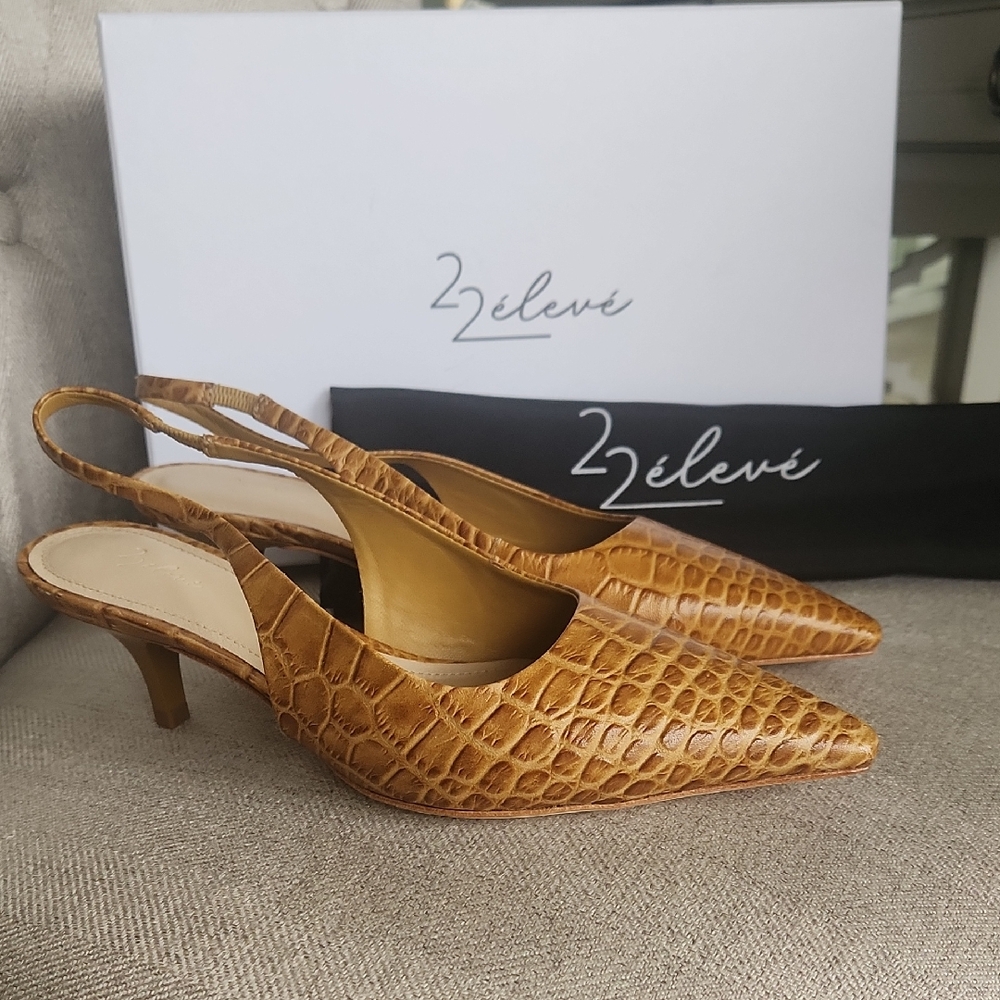 Tan Croc-Embossed Slingback Kitten Heels